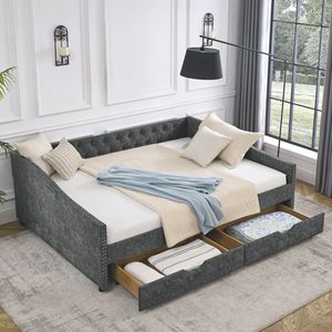 Divano letto matrimoniale trapuntato grigio con cassetti, schienale con bottoni, braccioli ondulati con borchie color rame, stile divano letto, 84,5 pollici - Product Image 3