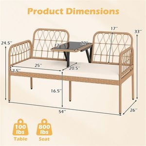 Canapé d'extérieur 2 places en rotin PE avec capacité de charge de 800 lb et table basse en verre trempé pour patio et jardin - Product Image 4
