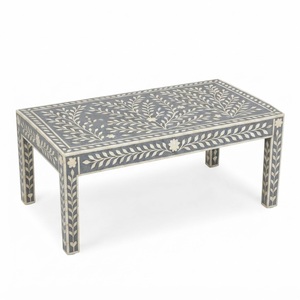 Mesa de centro redonda de lujo con incrustaciones de hueso rayado en rosa y blanco, con base de pedestal tipo pilar, artesanal y personalizada para sala de estar. - Product Image 3