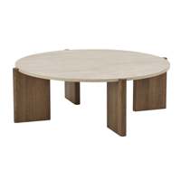 Table basse ronde au look travertin moderne avec pieds larges pour salon