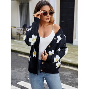 Women's Floral Knit <b>Cardigan</b> V-Neck Full Sleeve Casual <b>Spring</b> Wear 100% Acrylic Anti-Pilling Hand Knitted Single Breasted - Product Image 3