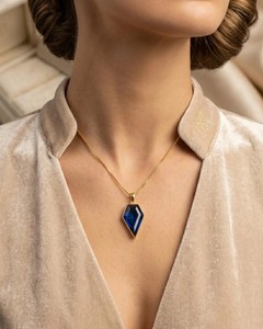 Blue Quartz Pendant Necklace Gold Tone Geometric Gemstone Necklace Elegant Fashion Jewelry Gift For Women - Product Image 3