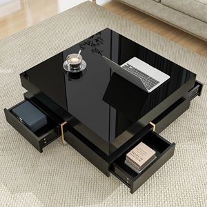 On TREND Modern High Gloss 4-Drawer <b>Coffee</b> <b>Table</b> Square Cocktail Tea Wood Grain <b>Legs</b> Center <b>Table</b> with Multi-Storage - Product Image 1