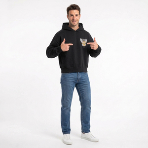 Sudadera con Capucha Negra Extra Grande con Estampado de Águila en la Parte Delantera, Sudadera Informal Unisex, 100% Algodón, Felpa Francesa, Manga Regular, Estilo Invernal - Product Image 6