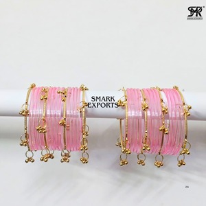 Pink Gold Plated 2mm 32-Piece Kashmiri Jelly Glass Bangles Set Ghungru Both Hands Traditional Indian Chudi Women Wedding Bridal - Product Image 2