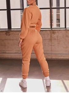 Ensemble de survêtement en molleton uni pour femme, automne, pull à manches longues, haut court et pantalon de survêtement, tenue respirante en 2 pièces - Product Image 4