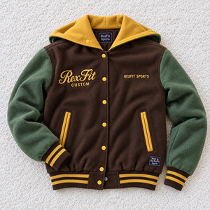 Blouson universitaire personnalisé à capuche unisexe avec lettres brodées, manches contrastantes et fermeture à boutons-pression – Veste streetwear personnalisée - Product Image 1