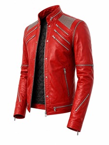 Veste de motard en cuir rouge à col montant, faite à la main, Ultimate Michael Jacksson Beat It |   Costume de style rockstar des années 80 pour hommes - Product Image 3