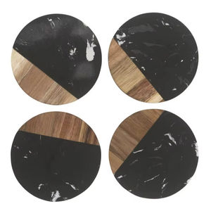 Precioso Posavasos Redondo de Madera y Mármol, Posavasos Artesanal de Madera de Acacia y Mármol Negro Hecho a Mano con Madera Natural - Product Image 1