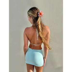 เดรสชายหาดซานโตรินี แฮนด์เมด น่ารักสุดๆ เปิดหลัง ปรับเอวได้ สายคล้องคอ คอวี สีฟ้าอ่อน ผ้าฝ้าย 100% - Product Image 4