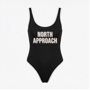 Traje de baño de una pieza para mujer North Approach, traje de baño elástico con cuello redondo y estampado en contraste negro - Product Image 1