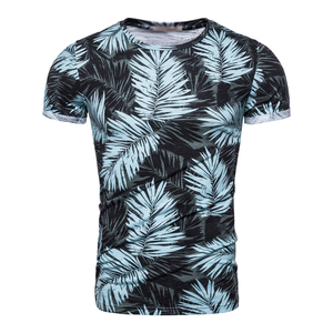 T-shirt personnalisé pour homme, coupe ajustée, manches courtes, imprimé feuilles tropicales, col rond, respirant, tricoté, décontracté, pour l'été - Product Image 1