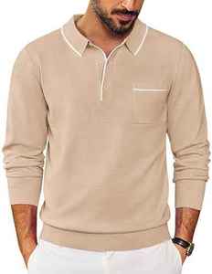 Polo de Punto de Manga Larga para Hombre con Cuello y Bolsillo, Color Sólido, Estilo Casual, Beige, Algodón, Corte Regular, Anti-Pilling - Product Image 2