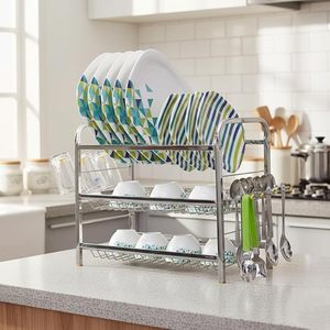 Escurridor de Platos de Acero Inoxidable de 2 Niveles con Ganchos para Utensilios para Encimera de Cocina - Product Image 1