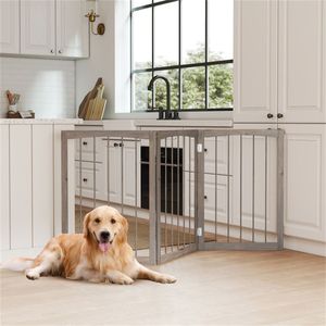 Cancello per Animali Domestici Moderno in Legno Grigio 160x76 cm, con Chiusura a Bottone, per Interni ed Esterni, Elegante in Metallo - Product Image 4