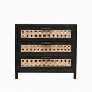 Global Wholesale Solid Teak Wood Modern Minimalist Lars Woven <b>Sideboard</b> Cabinet Black Finish Rattan Drawer Living Room <b>Storage</b> - Product Image 2