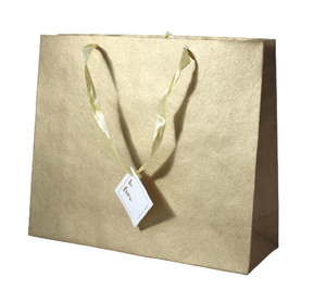 Wholesale Handmade Recycled Cotton Paper Metallic Golden Base Embossed Flexiloop Handles Matching Satin Ribbon Tag Gift <b>Bag</b> - Product Image 2