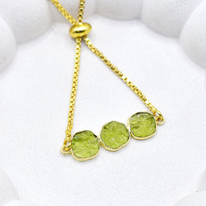 Raw Peridot Gemstone Triple Stone <b>Bracelet</b> Gold Plated <b>Adjustable</b> Slider Handmade Dainty August Birthstone Jewelry Gift - Product Image 2