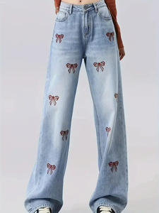 Jeans tendance taille haute pour femme, toutes saisons, respirants, en denim brodé, coupe droite, prix abordable, personnalisables - Product Image 5