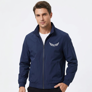 Men's Navy Blue Fleece <b>Jacket</b> Zipper Stand Collar Casual Windproof Autumn Wear Regular Fit Solid Color - Product Image 4