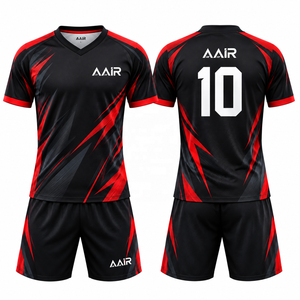 Ensemble uniforme de tennis de table AAIR noir et rouge, col en V, maillot à manches courtes, short respirant, tenue d'équipe unisexe, 100 % polyester numérique - Product Image 3