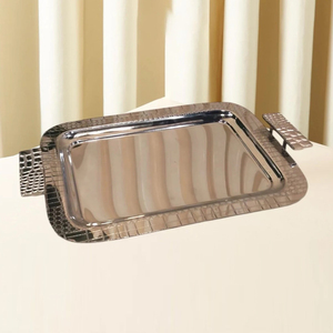 Sleek <b>Black</b> Serving Tray Featuring Textured Patterned Borders And Sturdy Handles, Ideal For Modern Table Decoration & Serving - Product Image 2