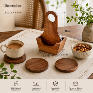 Acacia Wood Tea <b>Coaster</b> Set with Holder – Round Rustic Wooden <b>Drink</b> <b>Coasters</b> – Eco-Friendly Handmade Tableware - Product Image 3