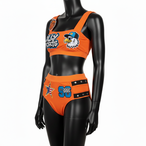 Conjunto de Bikini Premium para Mujer, 225 GSM, Nailon y Spandex, Color Naranja, Estilo Deportivo, Logotipo con Apliques Termoadhesivos - Product Image 1