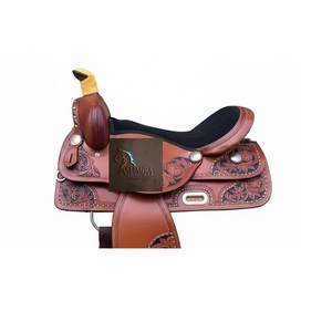 Western Brown <b>Leather</b> Floral Hand <b>Tooled</b> Barrel Racing Horse Saddle Metal Conchos Studded Black Suede Seat 10" to 18" Inch - Product Image 2