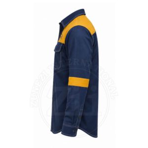 เสื้อเชิ้ตทำงานแขนยาวสีเหลืองกรมท่าสำหรับผู้ชาย ทรงปกติ เสื้อผ้าเพื่อความปลอดภัยระดับมาตรฐาน โรงงานผลิตเสื้อผ้าฝ้าย OEM ODM 7 ออนซ์ FRC สำหรับงานเชื่อม - Product Image 1