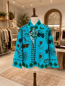 Turquoise <b>Velvet</b> Suzani <b>Jacket</b> <b>Women</b> Hand Embroidered Abstract Floral Boho Coat Ethnic Designer Outerwear Wholesale India - Product Image 3