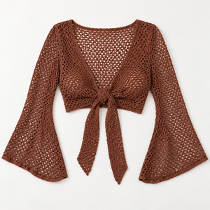 Low MOQ Best Price <b>Women</b> Crocheted V-Neck <b>Shrug</b> Three Quarter Flare Sleeve Solid Color Bow Front Breathable Summer Top - Product Image 6