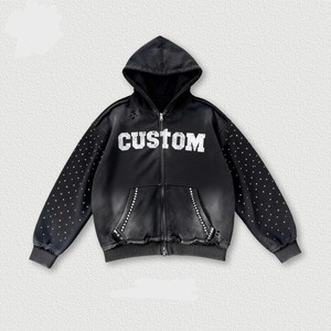 Sudadera con capucha de invierno para hombre, con cremallera completa, de algodón lavado, estilo vintage, con lavado ácido, de peso pesado, oversize, con pedrería y detalles de cristal - Product Image 4