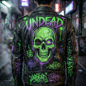Chaqueta de Cuero Genuino de Piel de Vaca con Estampado Gráfico de Calavera Personalizado para Hombre, Estilo Punk, Motero, Ropa de Calle, Venta al por Mayor, Suministro de Marca - Product Image 5