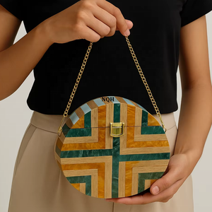 Pochette de soirée de luxe faite à la main en bois et résine, durable et écologique, avec incrustation géométrique, sac à bandoulière avec chaîne, logo personnalisé - Product Image 3
