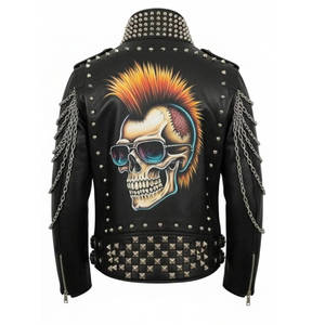 Chaqueta de Motociclista de Cuero PU Negra para Hombre, Estilo Punk con Remaches, Cadenas y Cremallera, Cuello Alto, Corte Ajustado, Otoño-Invierno - Product Image 2