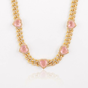 Precioso collar de cadena cubana con corazón rosa chapado en oro para mujer – Joyería con diamantes CZ brillantes - Product Image 2