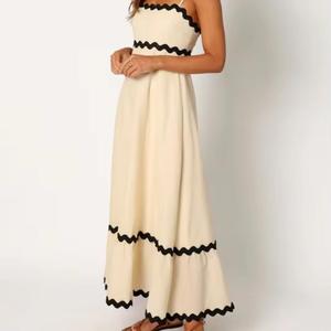 Robe longue bohème en coton crème pour femme, sans bretelles, avec bordure en ruban, décontractée, pour l'été et la plage - Product Image 1