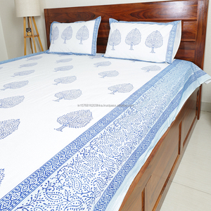 Blue Tree of Life Pattern White Cotton Bedsheet with Pillow Covers Queen Size 90 x 108 Inches Traditional Indian Block Print - Product Image 4