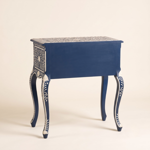 Luxury French Style Navy Blue Bone Inlay Nightstand 1 Drawer Floral Handmade <b>Bedside</b> <b>Table</b> for Luxury Living Unique Nightstand - Product Image 2