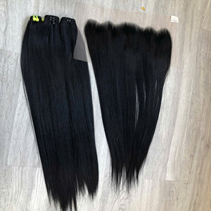 Lots de cheveux avec frontal, cheveux humains vierges vietnamiens de haute qualité, super double trame, dentelle transparente, lisses comme des baguettes, noir de jais - Product Image 2