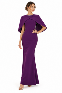Elegant Wholesale Breathable Purple Mermaid Evening Dress with Beaded Cape Sleeves Floor Length Formal <b>Gown</b> - Product Image 4