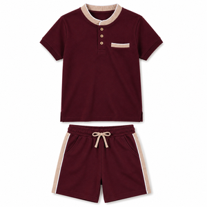 Ensemble T-shirt et short en coton tricoté marron pour homme, col Henley, tenue décontractée d'été, couleur unie, manches longues, avec poche - Product Image 1