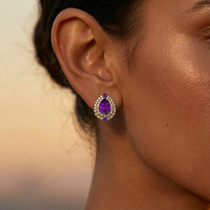 Solid 18k Gold Natural Amethyst Gemstone Diamond Cute Rhodium Plated Luxurious Design Women's Trendy Halo Ear <b>studs</b> For Women - Product Image 2