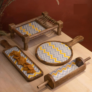 Ensemble de plateaux de service en bois avec base en céramique imprimée, combinaison de plateaux rectangulaires et ronds, ensemble de plateaux de service pour collations pour la cuisine et la salle à manger - Product Image 3