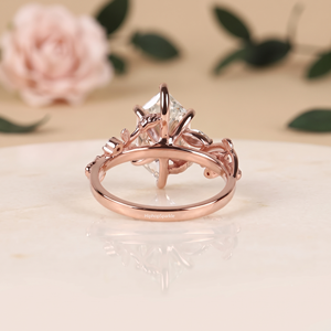 Elongated Hexagon Cut Moissanite Sterling Silver Rose Gold Plated Engagement Ring Prong Setting Floral Vine Side Accent Bridal - Product Image 3