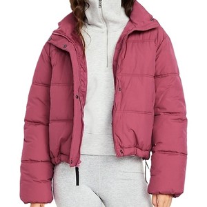 Pink <b>Quilted</b> Puffer Jacket Women's Winter Short Stand Collar Full Sleeve Zipper Closure Thick Polyester <b>Wadding</b> Solid Color - Product Image 1