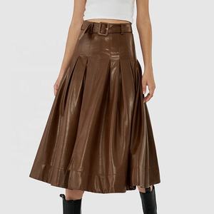 OEM 2026 Autumn Vintage Belt Flared Umbrella Brown Leather Long Skirts for Women - Product Image 6