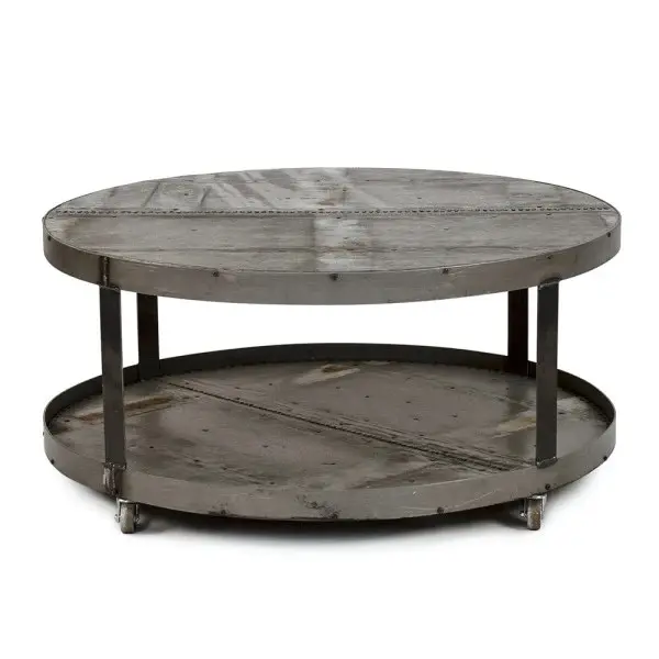 METAL GALVANIZED ROUND TABLE 2 TIER UNIQUE STYL E COFFEE TABLE WITH 4 WHEEL COASTER HIGH QUALITY TABLE