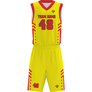 Ensemble de maillots de basket-ball personnalisés, jaune et rouge, impression par sublimation, nom de l'équipe, 48, polyester respirant, uniforme unisexe pour adultes - Product Image 1